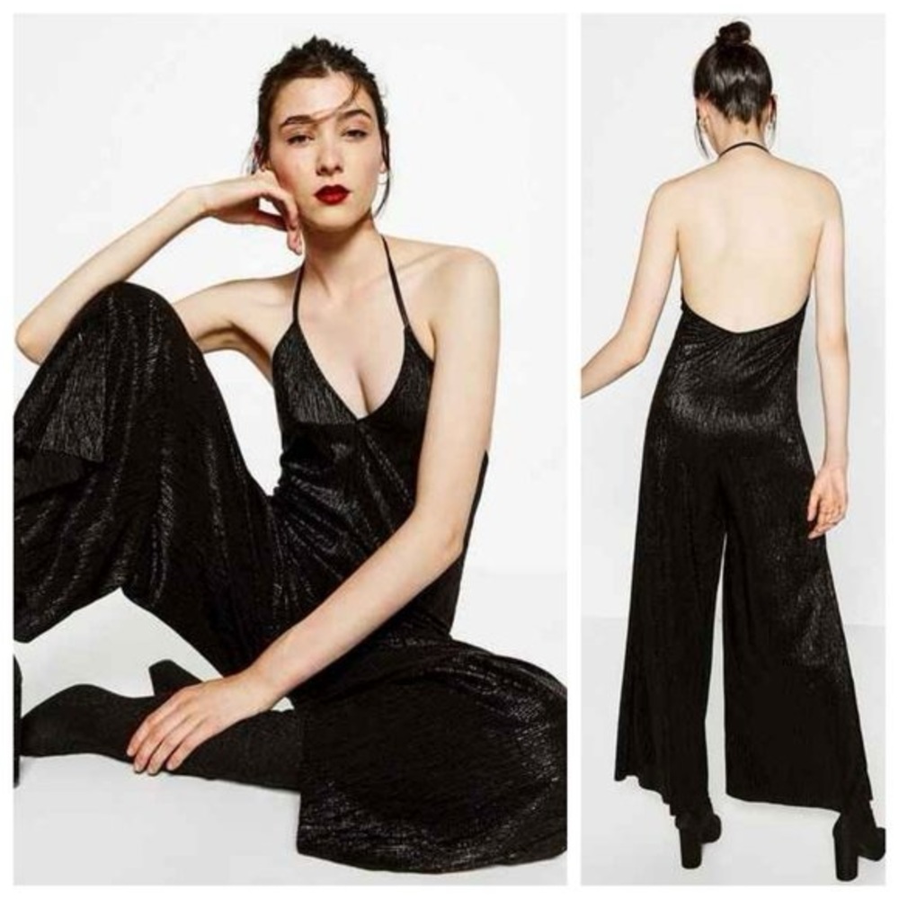 Zara Shiny Black Halter Jumpsuit - Small